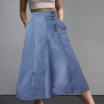 Женские брюки с высокой талией и боковыми пуговицами, широкие длинные брюки с карманами, полосатый дизайн, свободный крой, повседневный L синий
