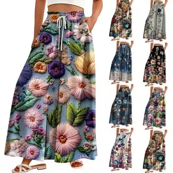 Женские брюки с высокой талией и карманами, повседневные брюки с цветочным принтом L чёрный