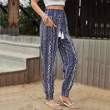 Женские брюки с высокой талией и принтом, новые летние брюки для йоги с карманами в Европе и США S синий