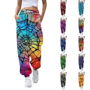 Женские брюки с высокой талией и принтом, с карманами, брюки на Хэллоуин S зелёный