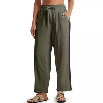 Женские брюки с высокой талией и регулируемым узлом из струящегося хлопка и льна, широкие брюки L армия зеленый