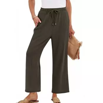 Женские брюки с высокой талией и регулируемым узлом из струящегося хлопка и льна, широкие брюки XXL коричневый