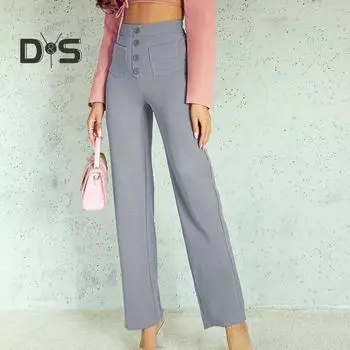 Женские брюки с высокой талией и широкими штанинами, прямые свободные однотонные брюки на пуговицах, эластичные карманы, повседневные женские мягкие брюки XL чёрный