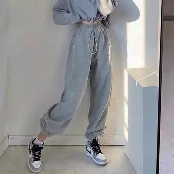 Женские брюки с высокой талией и шнурком, свободные тонкие спортивные повседневные спортивные штаны в комплекте, спортивные повседневные спортивные штаны без бархата