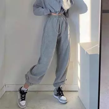 Женские брюки с высокой талией и шнурком, свободные тонкие спортивные повседневные спортивные штаны в комплекте, спортивные повседневные спортивные штаны без бархата S зелёный