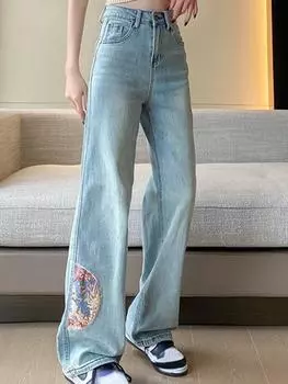 Женские брюки с высокой талией и вышивкой, новые женские тонкие широкие джинсы в китайском стиле для девочек, светло-голубые узкие прямые брюки S синий
