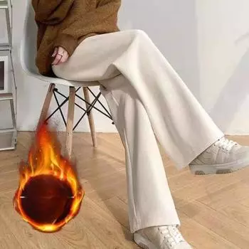 Женские брюки с высокой талией из утолщенной бархатной синели, широкие брюки прямого покроя со свободными карманами M белый