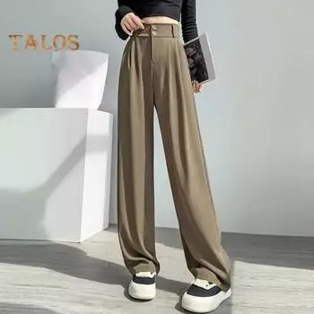 Женские брюки с высокой талией, прямые, широкие брюки с карманами, застежкой-молнией, однотонные, свободного кроя, костюмные брюки, рабочая одежда L чёрный