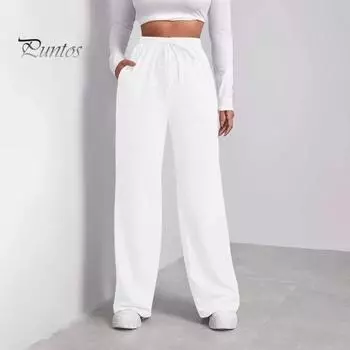 Женские брюки с высокой талией, прямые, широкие, с карманами, однотонные спортивные брюки стандартного кроя S чёрный