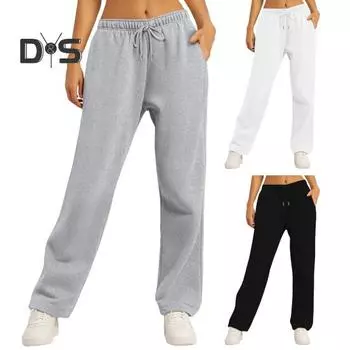Женские брюки с высокой талией, прямые, широкие, с карманами, однотонные спортивные брюки стандартного кроя S светло-серый