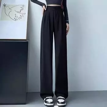 Женские брюки с высокой талией, прямые, широкие брюки с карманами, застежкой-молнией, однотонные, свободного кроя, костюмные брюки, рабочая одежда L чёрный