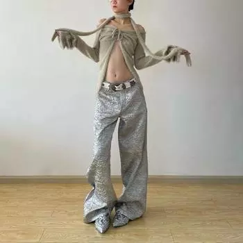 Женские брюки с высокой талией, серые, со старыми складками, плиссированные, с рюшами, длинные брюки, готические брюки, уличная одежда в стиле Харадзюку, ткань в стиле гранж y2k S серый