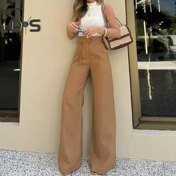 Женские брюки с высокой талией, широкие брюки для поездок на работу, осенне-зимние прямые брюки-трубы для офисных вечеринок, повседневная одежда S верблюд