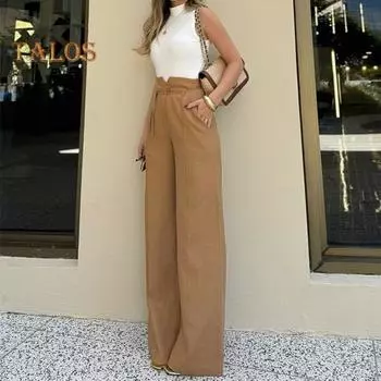 Женские брюки с высокой талией, широкие брюки для поездок на работу, осенне-зимние прямые брюки-трубы для офисных вечеринок, повседневная одежда S верблюд
