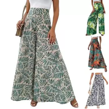 Женские брюки с высокой талией, широкие, повседневные, струящиеся брюки-палаццо, пляжные брюки с цветочным принтом и карманом