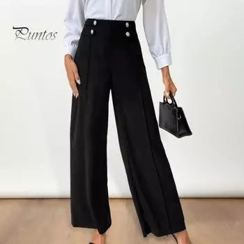 Женские брюки с высокой талией, широкие прямые брюки, повседневные брюки на весну и осень с пуговицами для повседневной носки на работе S чёрный