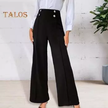 Женские брюки с высокой талией, широкие прямые брюки, повседневные брюки на весну и осень с пуговицами для повседневной носки на работе S чёрный