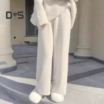 Женские брюки с высокой талией, трикотажные широкие брюки, повседневные брюки из мягкого полиэстера, однотонные, на осень-зиму 2XL чёрный