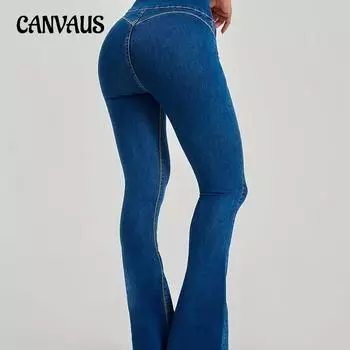 Женские брюки с высокой талией, утягивающие, расклешенные джинсы S синий