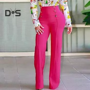 Женские брюки с высокой талией, в стиле OL Commute, с эластичными пуговицами, однотонные, с расклешенным подолом, мягкие, дышащие, прямые, полной длины XL чёрный