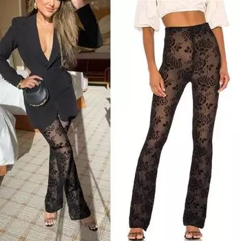 Женские брюки с высокой талией, вышитые цветочные узоры, брюки с подкладкой из эластичной ткани S чёрный