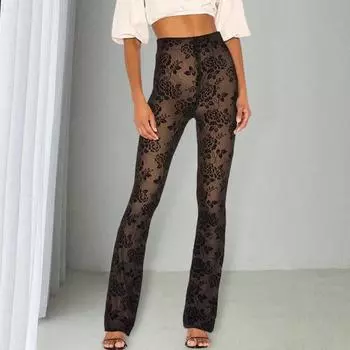 Женские брюки с высокой талией, вышитые цветочные узоры, брюки с подкладкой из эластичной ткани S чёрный