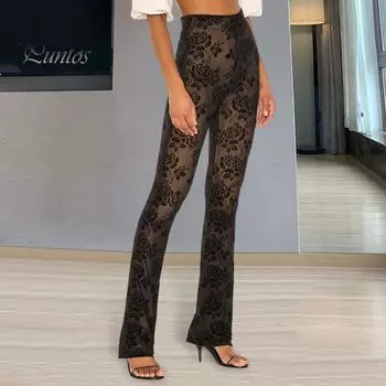 Женские брюки с высокой талией, вышитым цветочным узором, брюки с подкладкой из эластичной ткани, сексуальные длинные брюки S чёрный