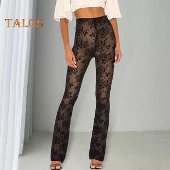 Женские брюки с высокой талией, вышитым цветочным узором, брюки с подкладкой из эластичной ткани, сексуальные длинные брюки S чёрный
