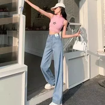 Женские брюки с высокой талией, женские свободные джинсы Ice Shreds, уличные, черные, синие, лиоцелловые, широкие брюки 2XL светло-синий