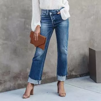 Женские брюки с застежкой-молнией на пуговицу, прямые джинсы с карманами, стиль для поездок на работу, стирающиеся джинсы S синий