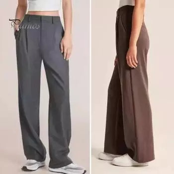 Женские брюки с застежкой-молнией на пуговицы, однотонные брюки с карманами, прямые широкие брюки для офиса и леди, рабочая одежда S чёрный