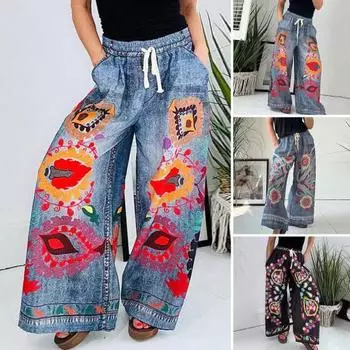 Женские брюки с завязками, эластичной резинкой на талии, широкие брюки с принтом, имитация джинсовых брюк с карманами S чёрный