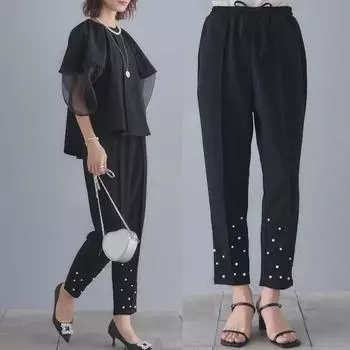 Женские брюки с завязками и жемчугом для весны и лета Small чёрный