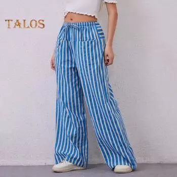 Женские брюки с завязками на резинке и широкими штанинами, контрастные цветные полосатые принты, низкая талия, повседневные пляжные брюки для отпуска S армия зеленый