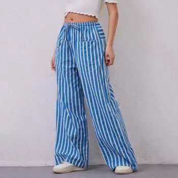 Женские брюки с завязками на резинке и талии, свободные, широкие, контрастные цветные полоски с принтом S армия зеленый