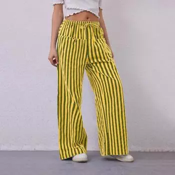 Женские брюки с завязками на резинке и широкими штанинами, контрастные цветные полосатые принты, низкая талия, повседневные пляжные брюки для отпуска S армия зеленый