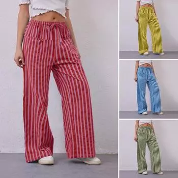 Женские брюки с завязками на резинке и широкими штанинами, контрастные цветные полосатые принты, низкая талия, повседневные пляжные брюки для отпуска S армия зеленый
