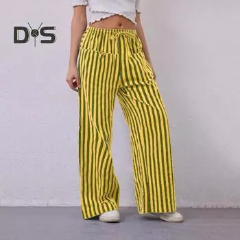 Женские брюки с завязками на резинке и широкими штанинами, контрастные цветные полосатые принты, низкая талия, повседневные пляжные брюки для отпуска S красный