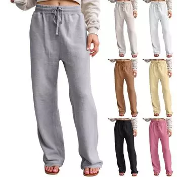 Женские брюки с завязками на талии, широкие брюки, свободные, пушистые, повседневные брюки, повседневные брюки с высокой талией, брюки-джоггеры L чёрный