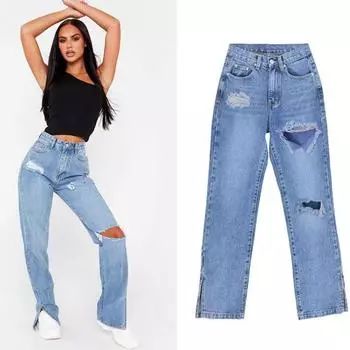 Женские брюки с завышенной талией, высокие тонкие прямые джинсы, брюки с рваными отверстиями, драпировка с микро-расклешенными брюками XS