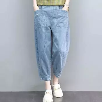 Женские брюки Seven Minute весна-осень Four Seasons Thin Section Loose High Waisted Denim Hundreds of Embroidery 3XL