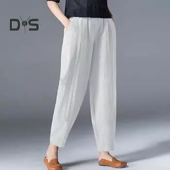 Женские брюки-шаровары, эластичные однотонные повседневные брюки с высокой талией и карманами, свободные длинные брюки, уличная одежда L хаки