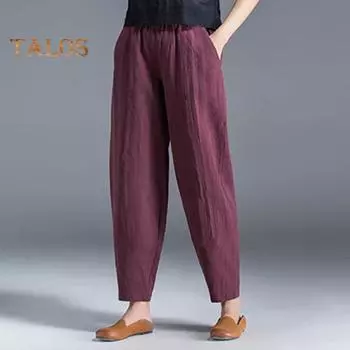 Женские брюки-шаровары, эластичные однотонные повседневные брюки с высокой талией и карманами, свободные длинные брюки, уличная одежда L хаки