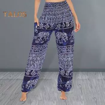 Женские брюки-шаровары для йоги с карманами, широкие брюки с эластичной резинкой на талии, широкие брюки с тайским принтом слона, шаровары для работы на отдыхе чёрный