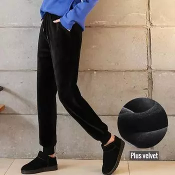 Женские брюки-шаровары из плотного бархата с высокой талией и шнуровкой, свободные брюки длиной до щиколотки для женщин в Корейском стиле XXXL чёрный