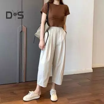 Женские брюки-шаровары с эластичной резинкой на талии, широкие повседневные брюки, однотонные длинные брюки с регулируемым шнурком и несколькими карманами 3XL абрикосовый