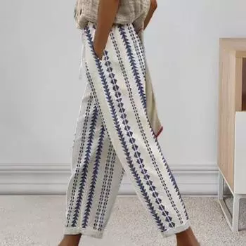 Женские брюки-шаровары с эластичной резинкой на талии и завязками с геометрическим узором, пляжные брюки с карманами, свободные тонкие повседневные брюки M синий