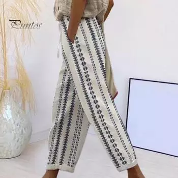 Женские брюки-шаровары с эластичной резинкой на талии и завязками с геометрическим узором, пляжные брюки с карманами, свободные тонкие повседневные брюки M синий