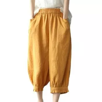 Женские брюки-шаровары с высокой эластичной резинкой на талии, свободные карманы, сплошной цвет, мягкие дышащие брюки до середины икры, повседневные женские летние и весенние укороченные брюки в стиле ретро L жёлтый