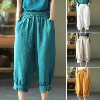 Женские брюки-шаровары с высокой эластичной резинкой на талии, свободные карманы, сплошной цвет, мягкие дышащие брюки до середины икры, повседневные женские летние и весенние укороченные брюки в стиле ретро L жёлтый